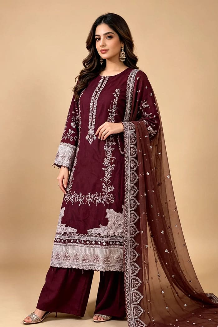 Motif Embroidered Viscose Suit-3816