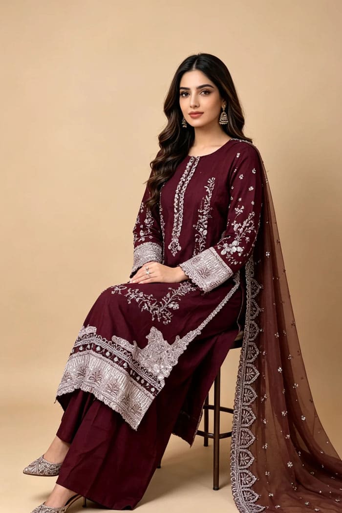 Motif Embroidered Viscose Suit-3816