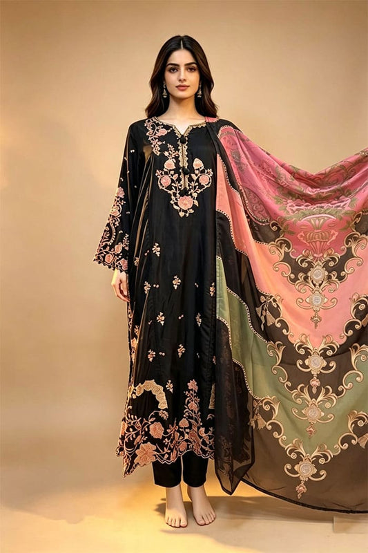 Motif Embroidered Viscose Suit-4124
