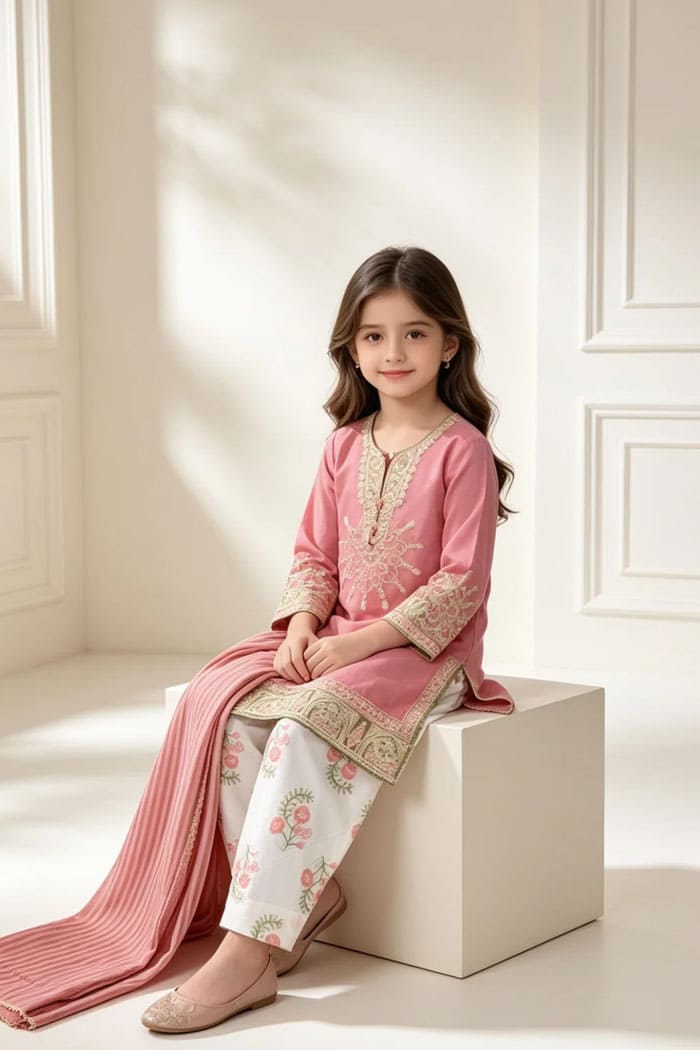 Motif Kids Embroidered Raw Silk Suit-714