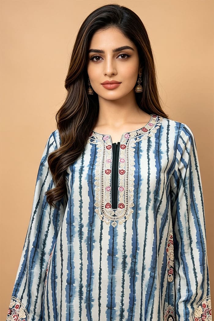 Motif Printed EMB Lawn Co-Ord Set-075