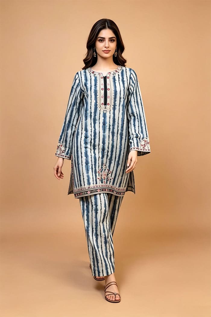 Motif Printed EMB Lawn Co-Ord Set-075