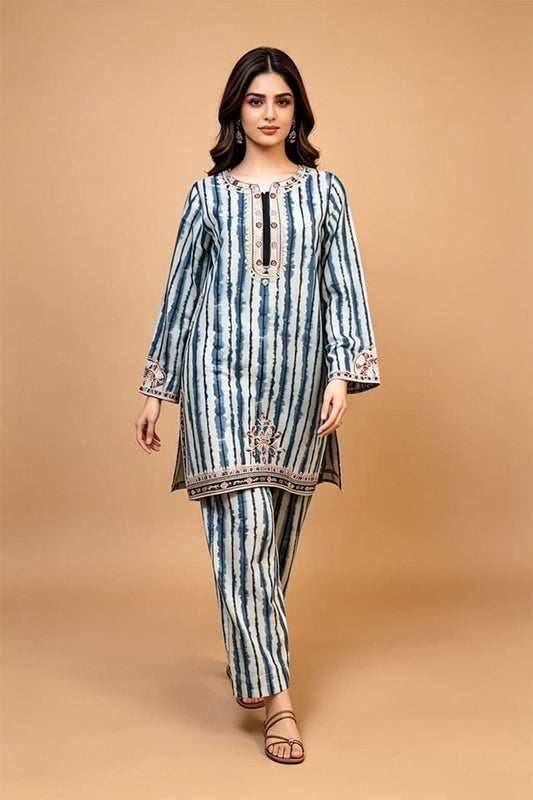 Motif Printed EMB Lawn Co-Ord Set-075