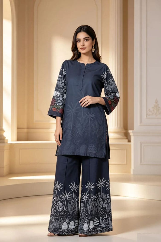 Motif Printed Raw Silk Suit-057