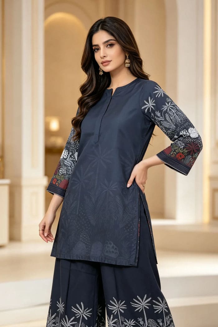 Motif Printed Raw Silk Suit-057