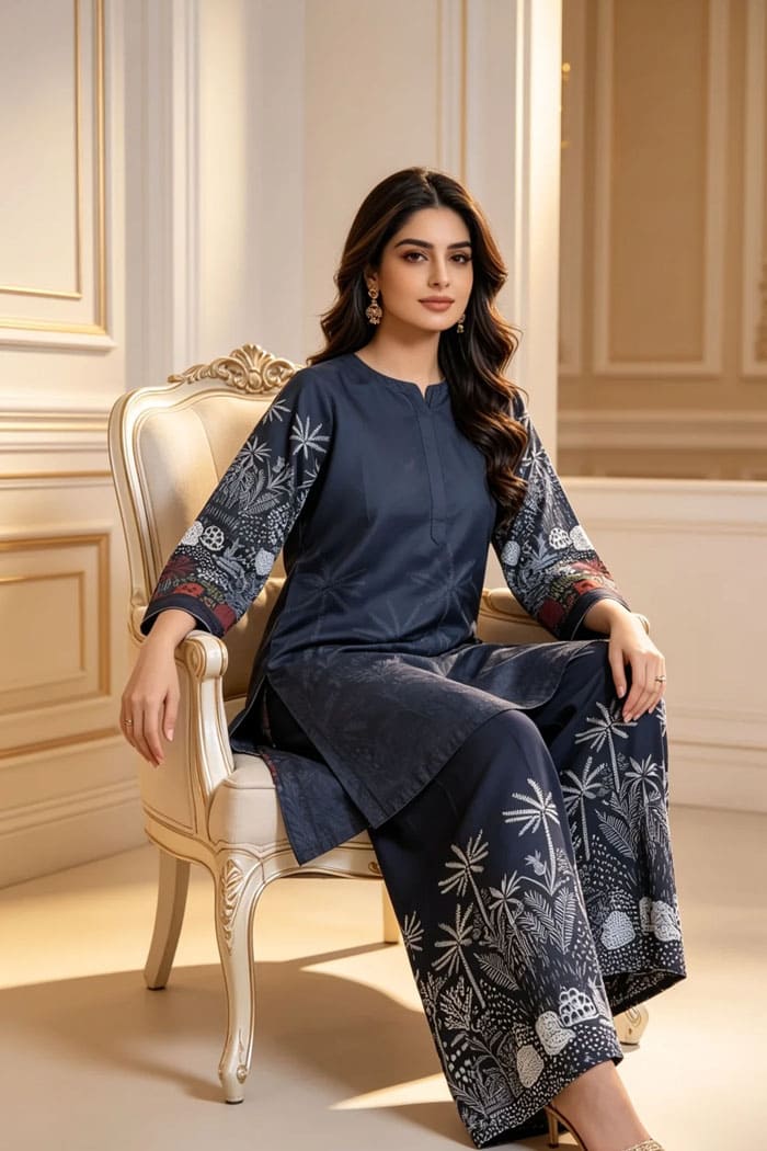 Motif Printed Raw Silk Suit-057