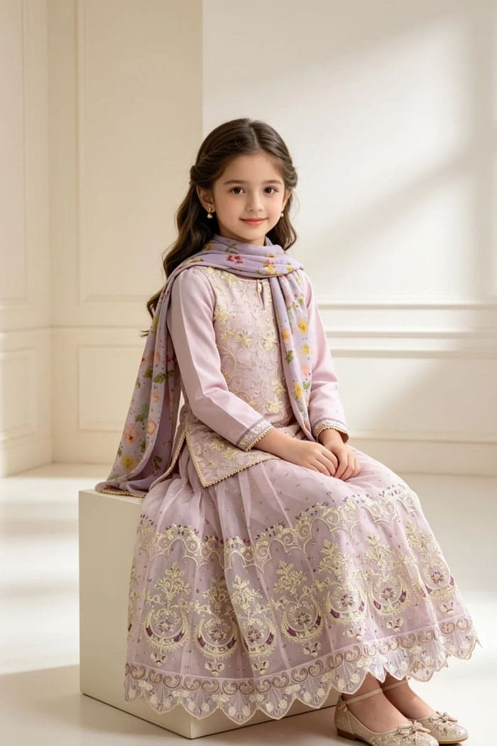 Motif Girls Embroidered suit-642