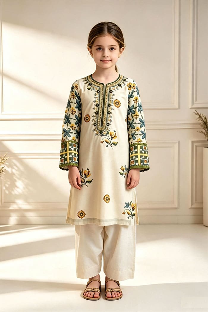 Motif Girls Printed EMB suit-066