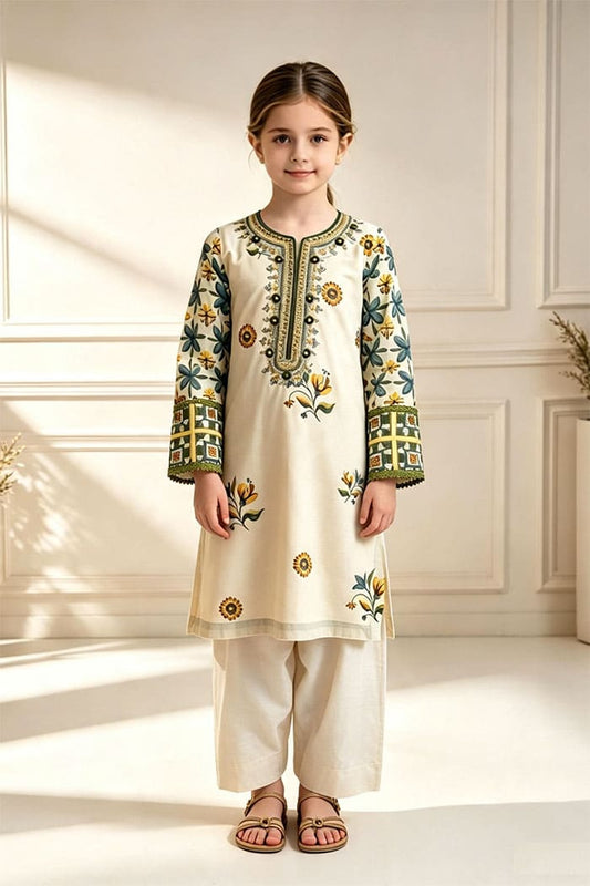 Motif Girls Printed EMB suit-066