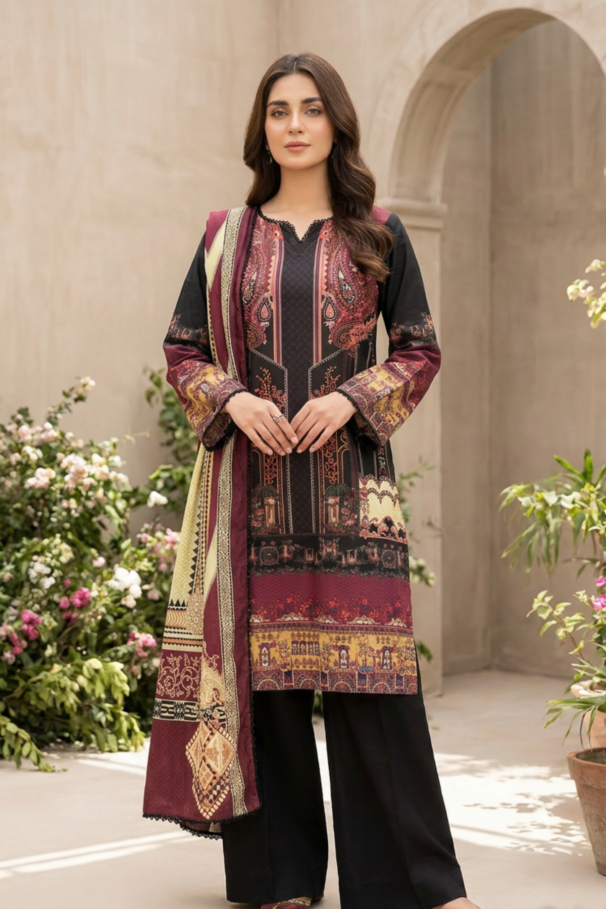 Motif Printed Cambric Suit-014
