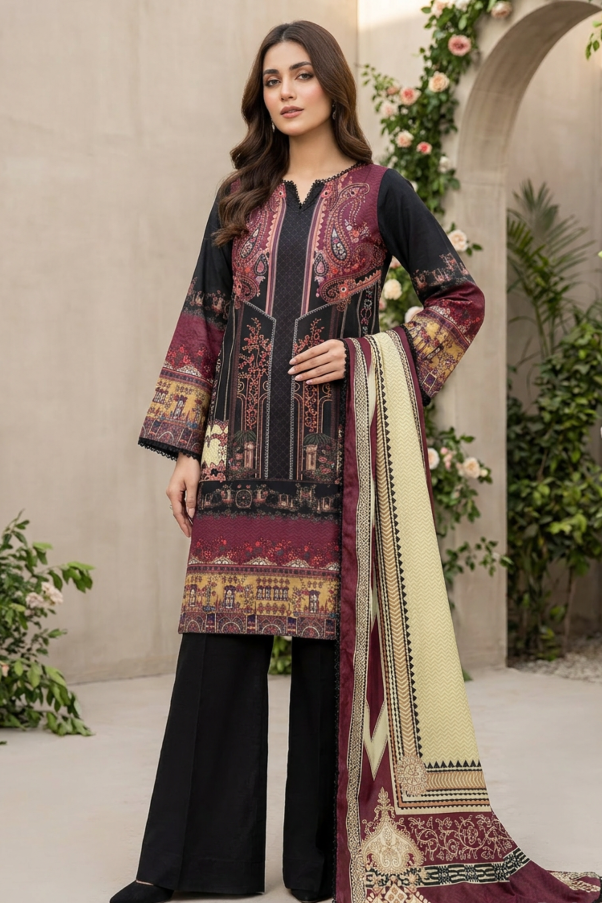 Motif Printed Cambric Suit-014