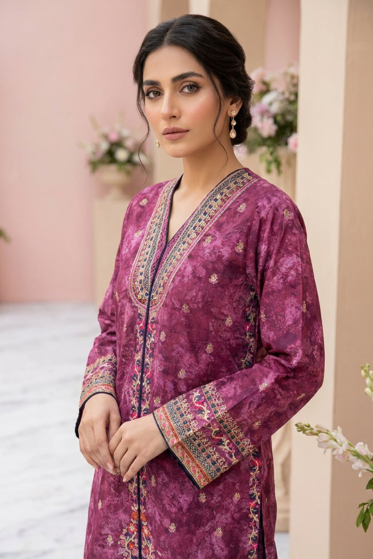 Motif Printed Embroidered Raw Silk Suit-230