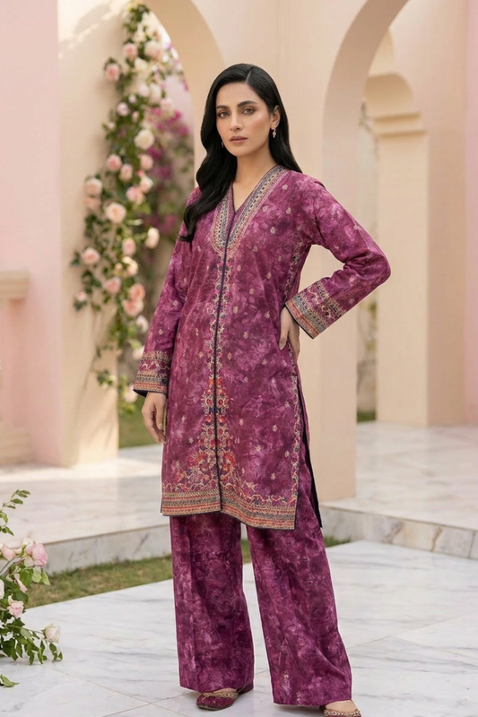 Motif Printed Embroidered Raw Silk Suit-230