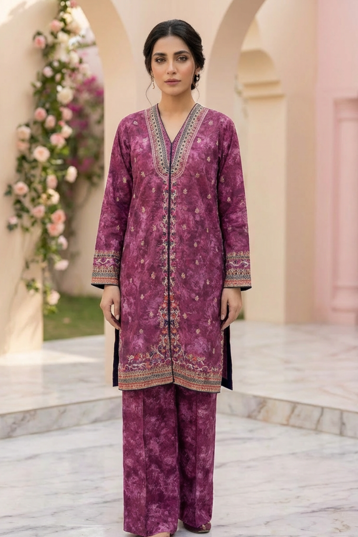 Motif Printed Embroidered Raw Silk Suit-230