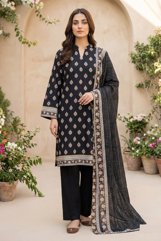 Motif Lawn Printed Suit-020