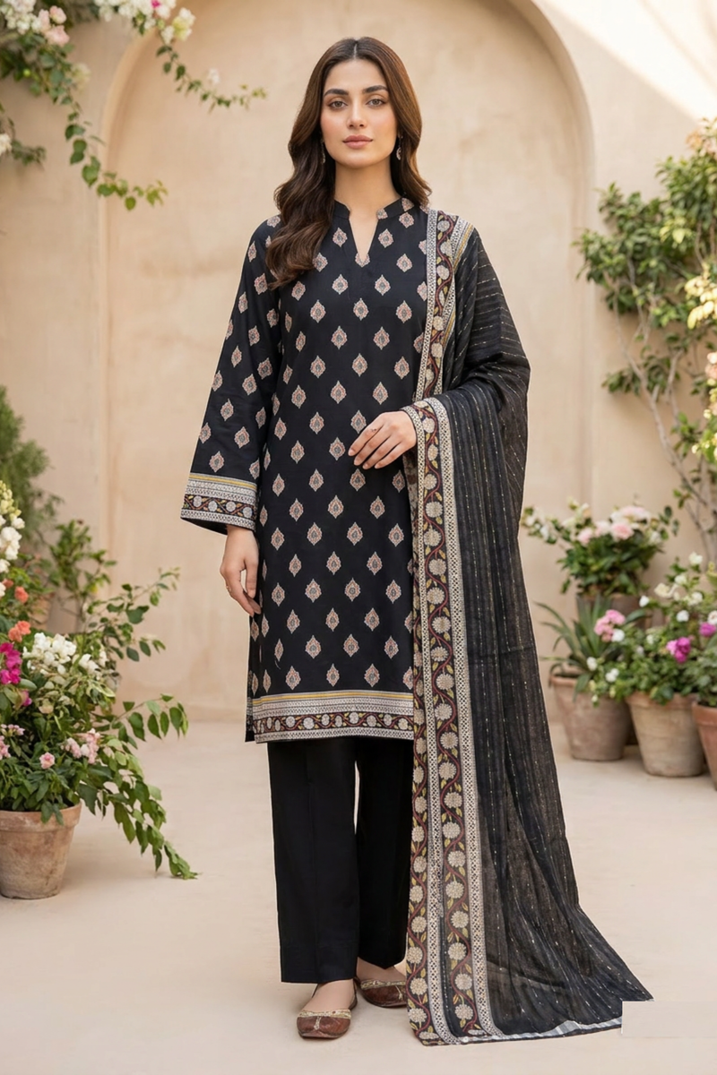 Motif Lawn Printed Suit-020