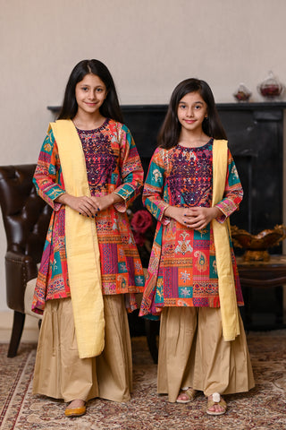 Girls Dobby Lawn Embroidered Suit